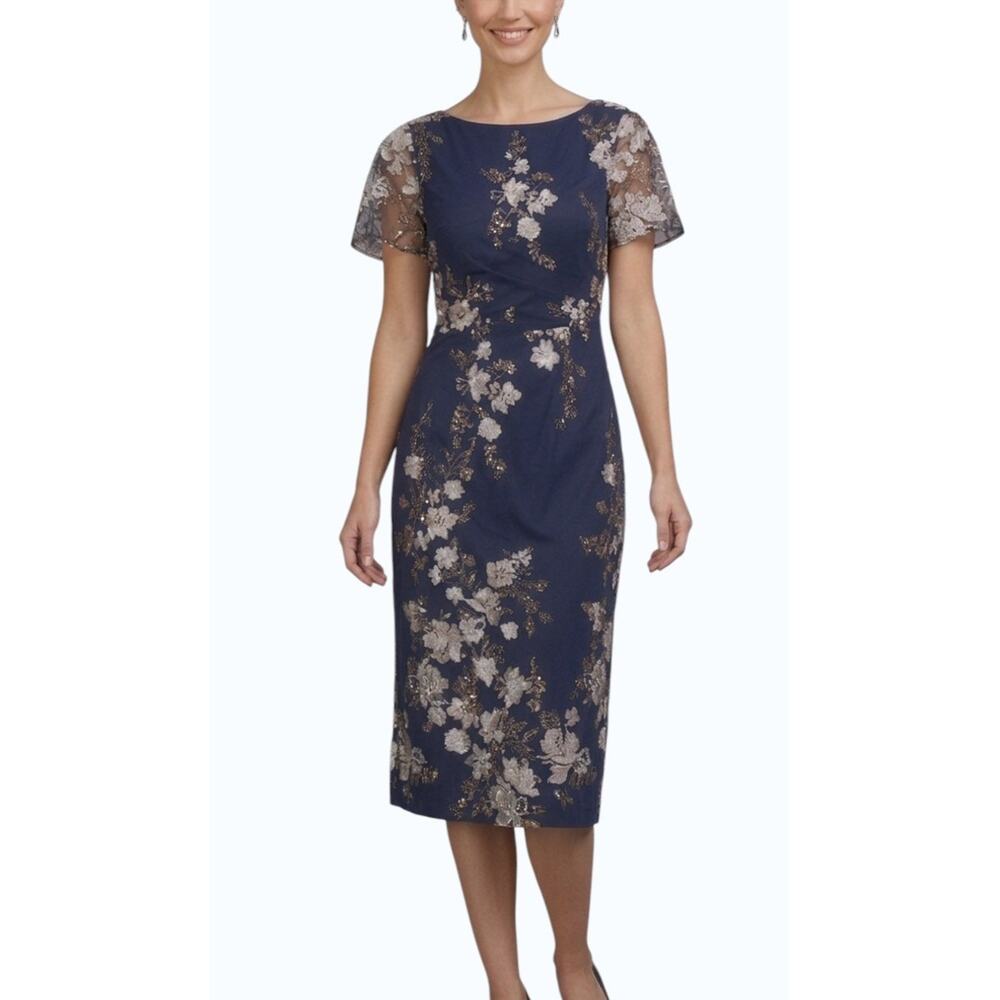 JS Collections Esmerelda Embroidered Midi Dress Navy Blue Women Size 10 NWT